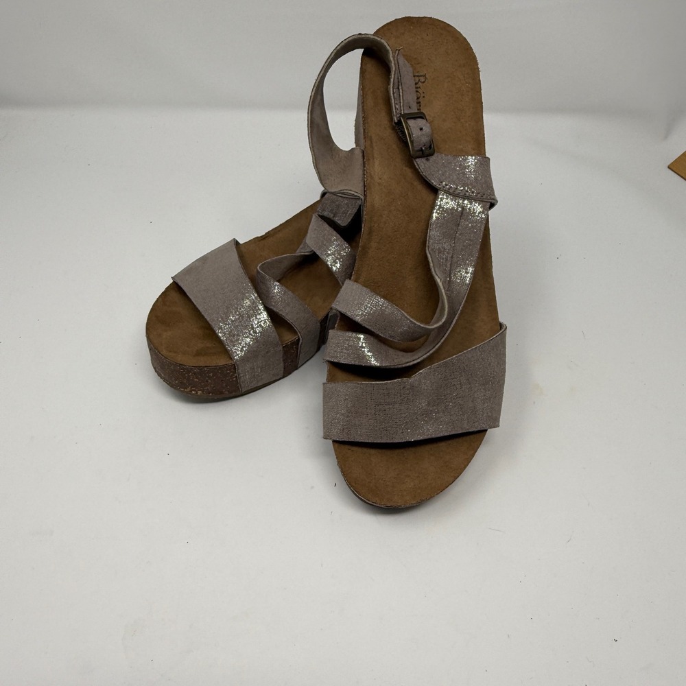 Bjorn Dahl Taupe Wedge Sandals Slingback Cork Platform Strappy Size 7‎